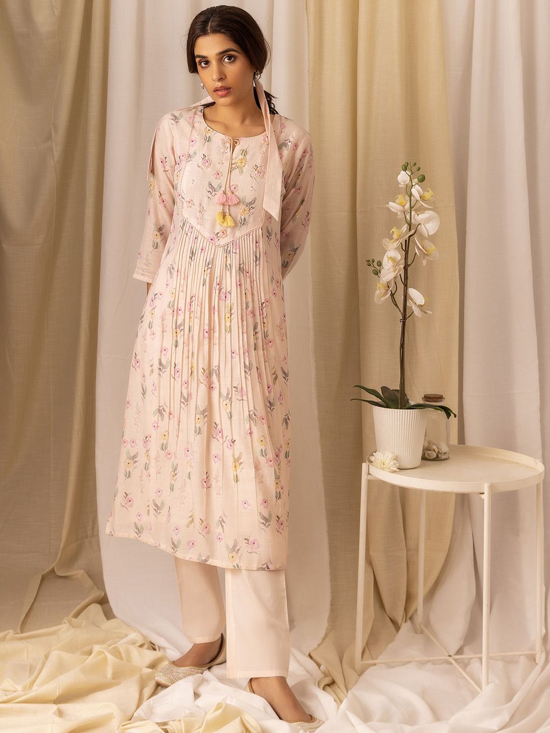 Ode by House of Pataudi Floral Printed Pleated Style A-Line Kurta With Trousers & Dupatta - Distacart