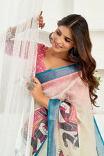 Thumbnail for Vastranavya Cream Digital Printed Linen Ready To Wear Designer Saree with Unstitched Blouse - Distacart