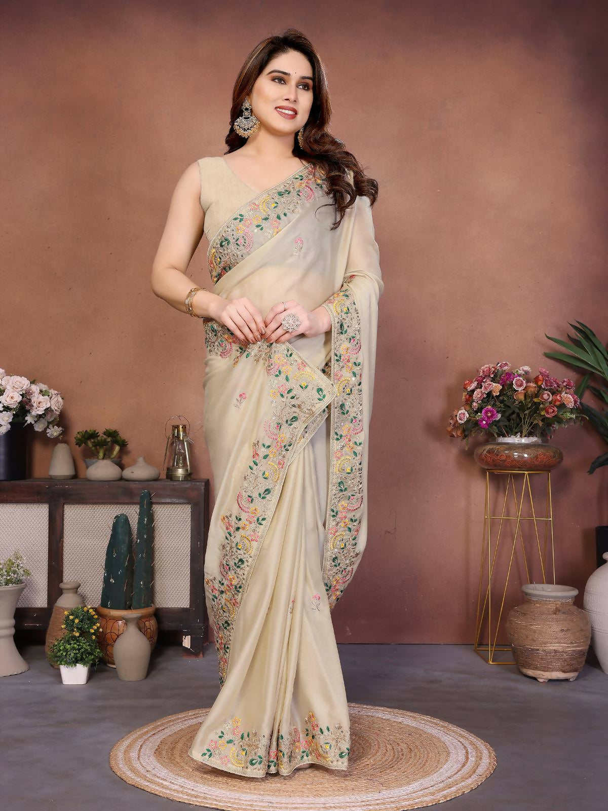 Teeya Creation New Trendy Party Wear Soft Silk Saree-Cream - Dista