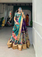 Thumbnail for Vastranavya Kalamkari Print With Weaving Border Lehenga with Unstitched Blouse - Purple - Distacart