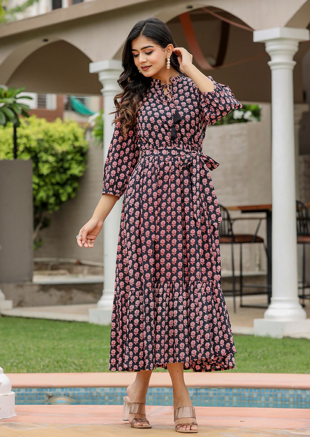 Kaajh Women's Black Bagru Print Floral Cotton Dress - Distacart