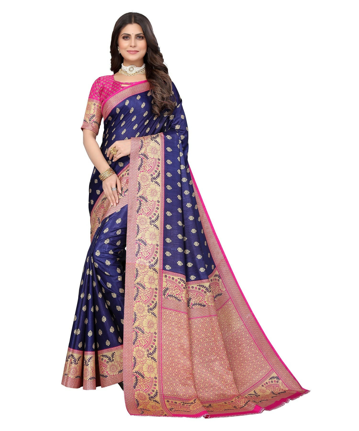 Vamika Navy Blue Printed Art Silk Saree - Distacart