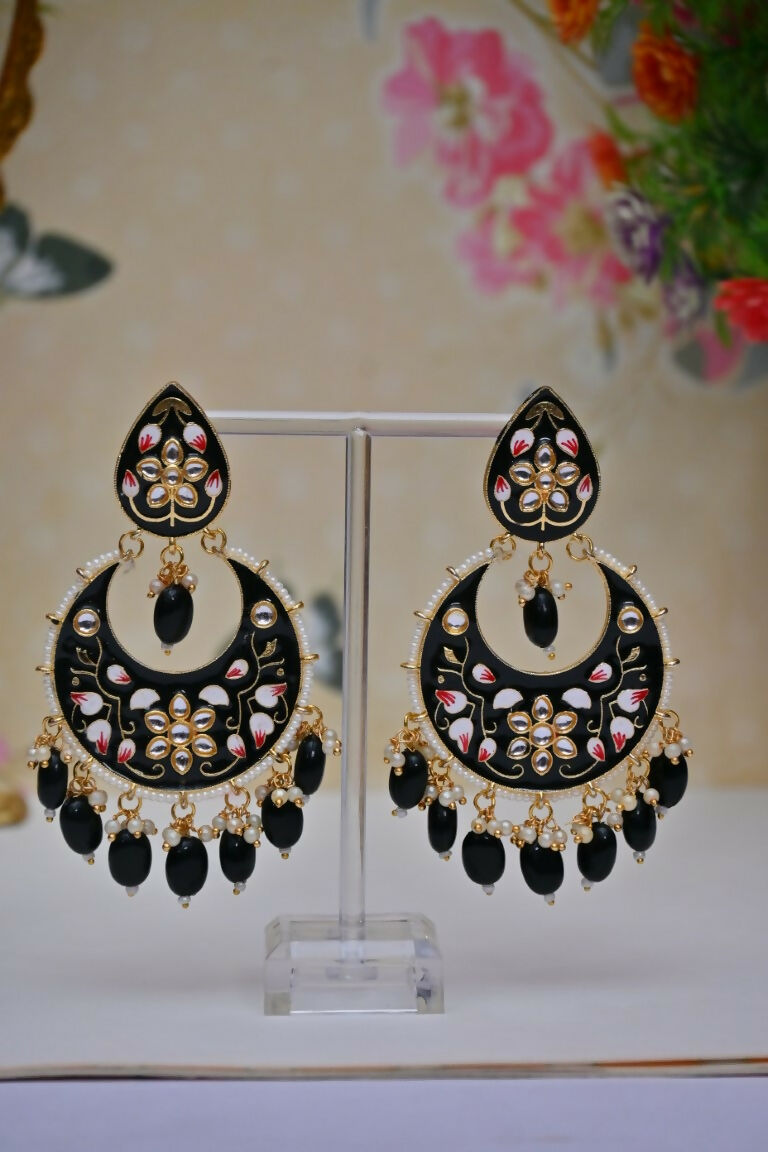 Black Gold-Polished Brass & Pearl Dangle Women Earrings| Hand Painted Meenakari Chandbali Traditional Ethnic Wear Earrings By House of Ree - Distacart