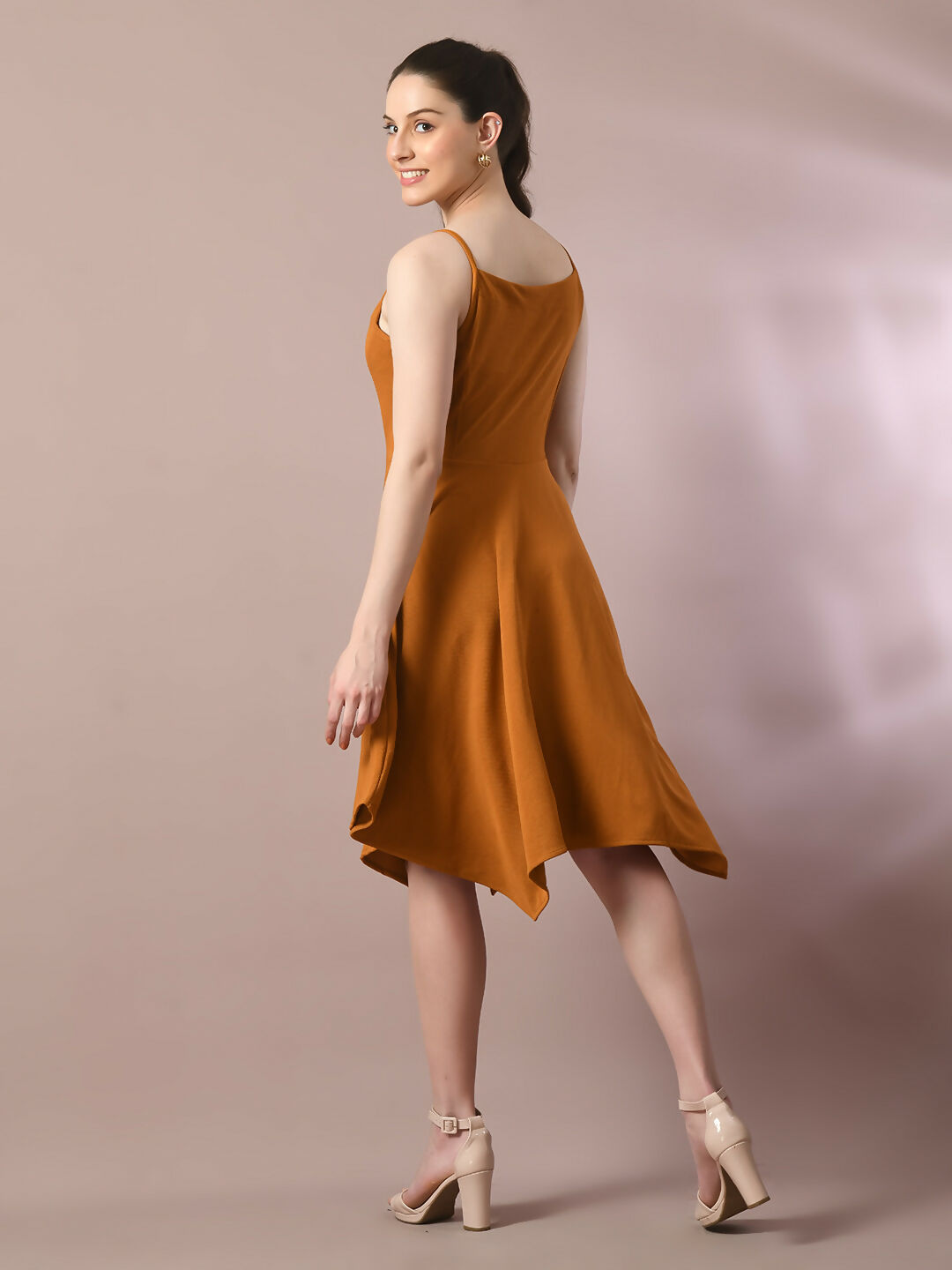 Myshka Women's Mustard Solid Shoulder Straps Fit and Flare Party Dress - Distacart