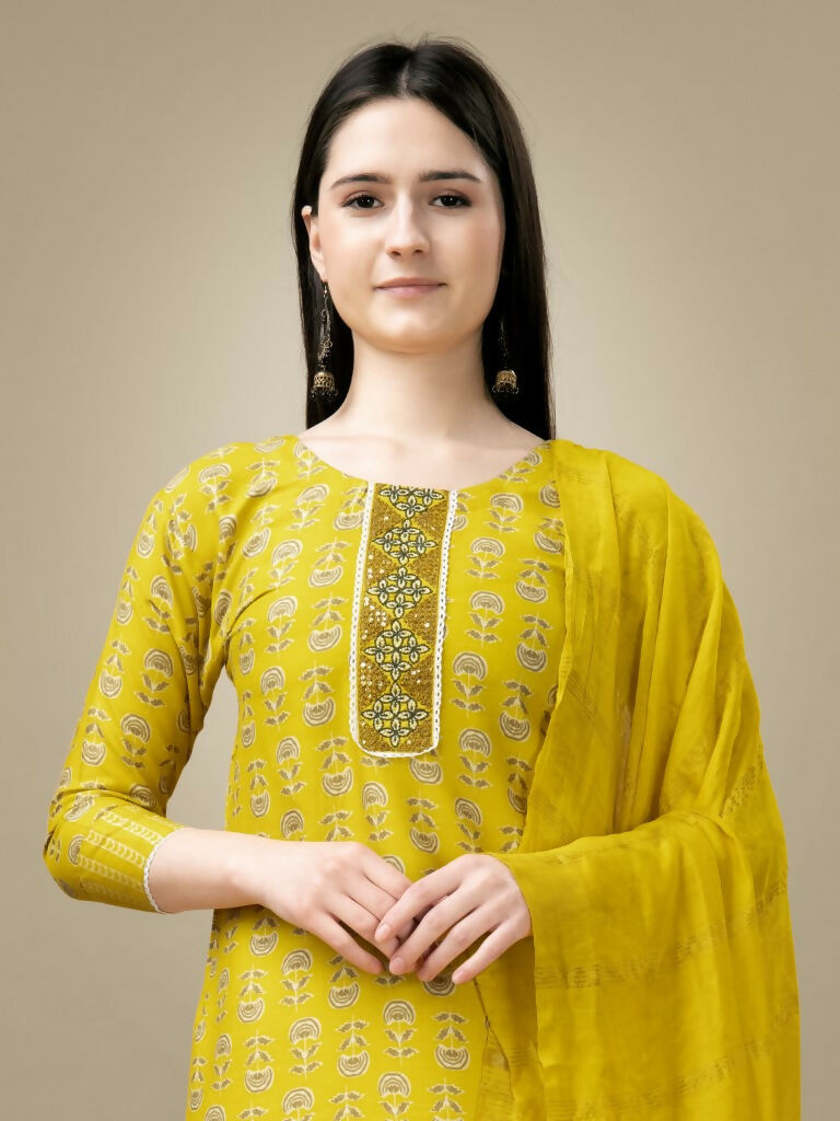 Jyoti Fashion Women's Yellow Rayon Embroidery & Sequence work Kurta with Trouser & Dupatta - Distacart