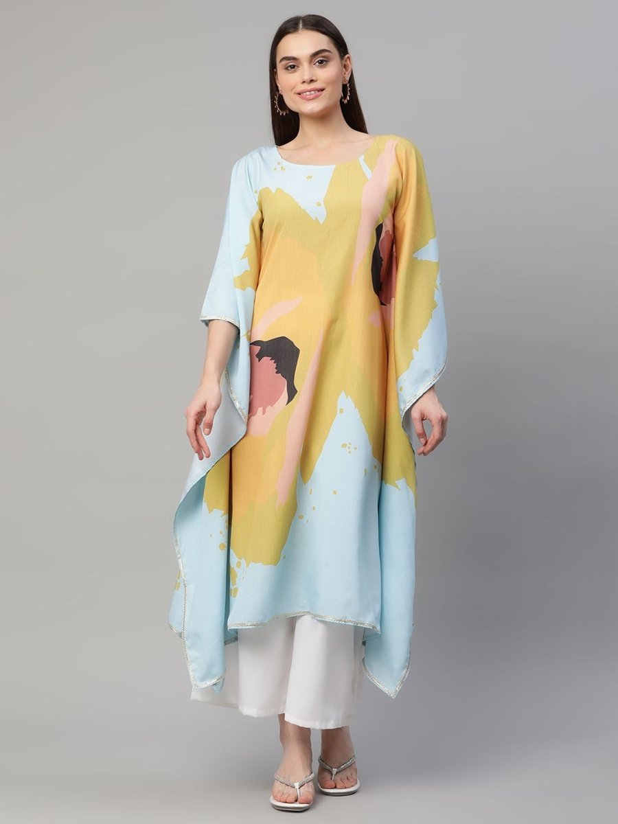 Ahalyaa Women Yellow Crepe Digital Printed Kaftan Kurta with Palazzos - Distacart