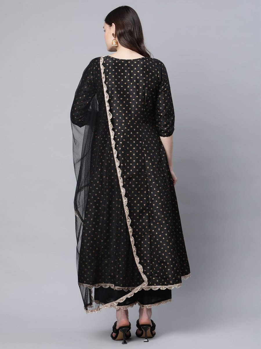 Ahalyaa Women Black Poly Silk Gold Printed Anarkali Kurta Palazzo Set With Dupatta - Distacart