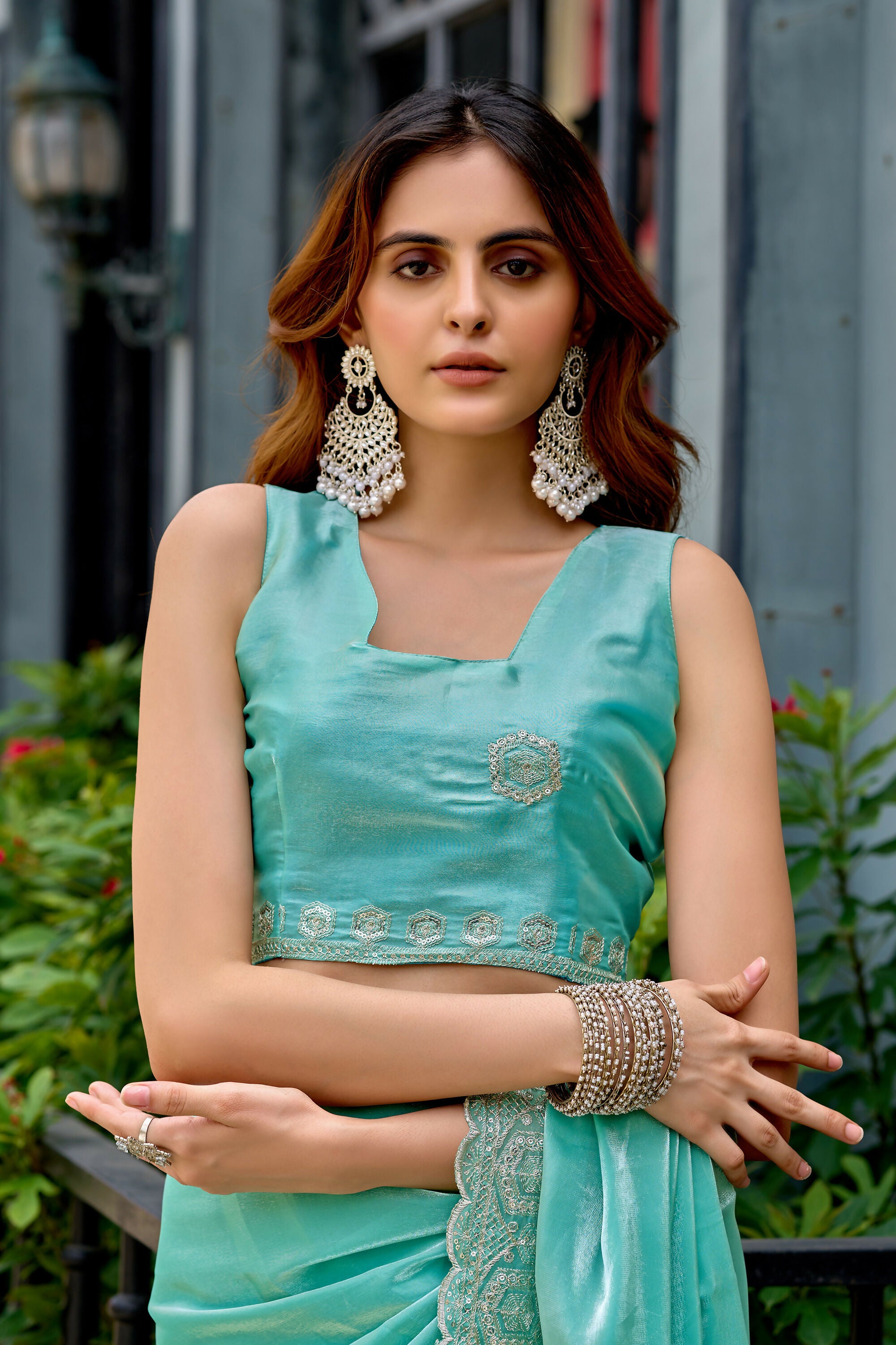 Vastranavya Turquoise Embroidery Work Shimmer Chiffon Saree with Unstitched Blouse