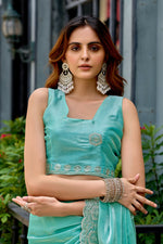 Thumbnail for Vastranavya Turquoise Embroidery Work Shimmer Chiffon Saree with Unstitched Blouse