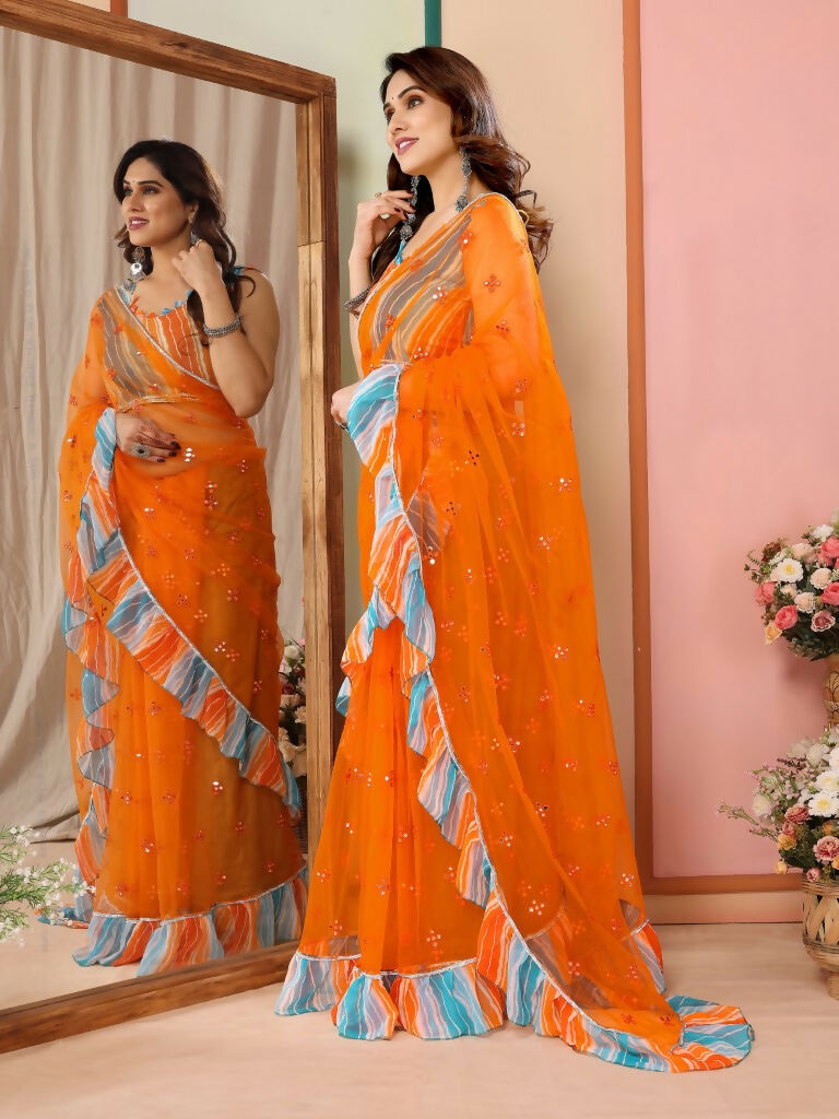 Partywear Designer Orange Net Fancy Saree - Dyuti - Distacart