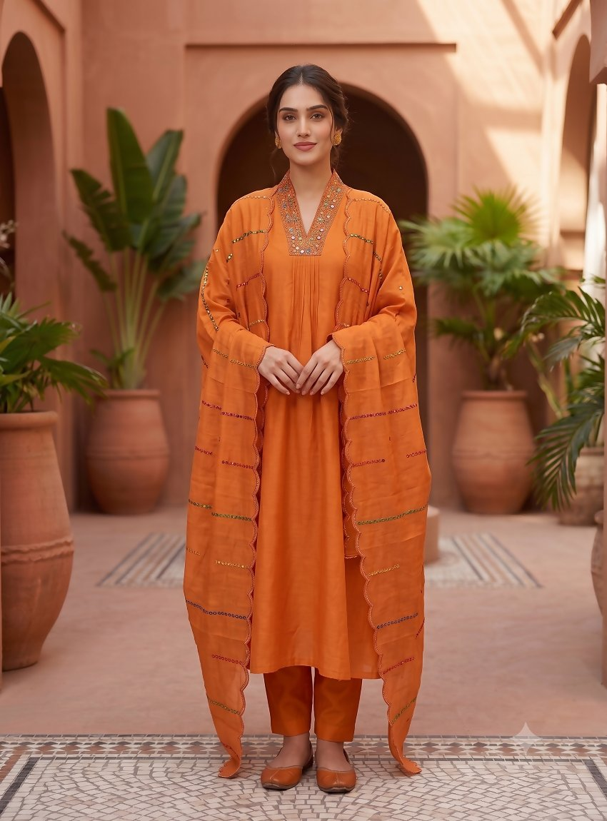 Teeya Creation Orange Silk Kurta Pant Set With Scalloped Dupatta - Dista