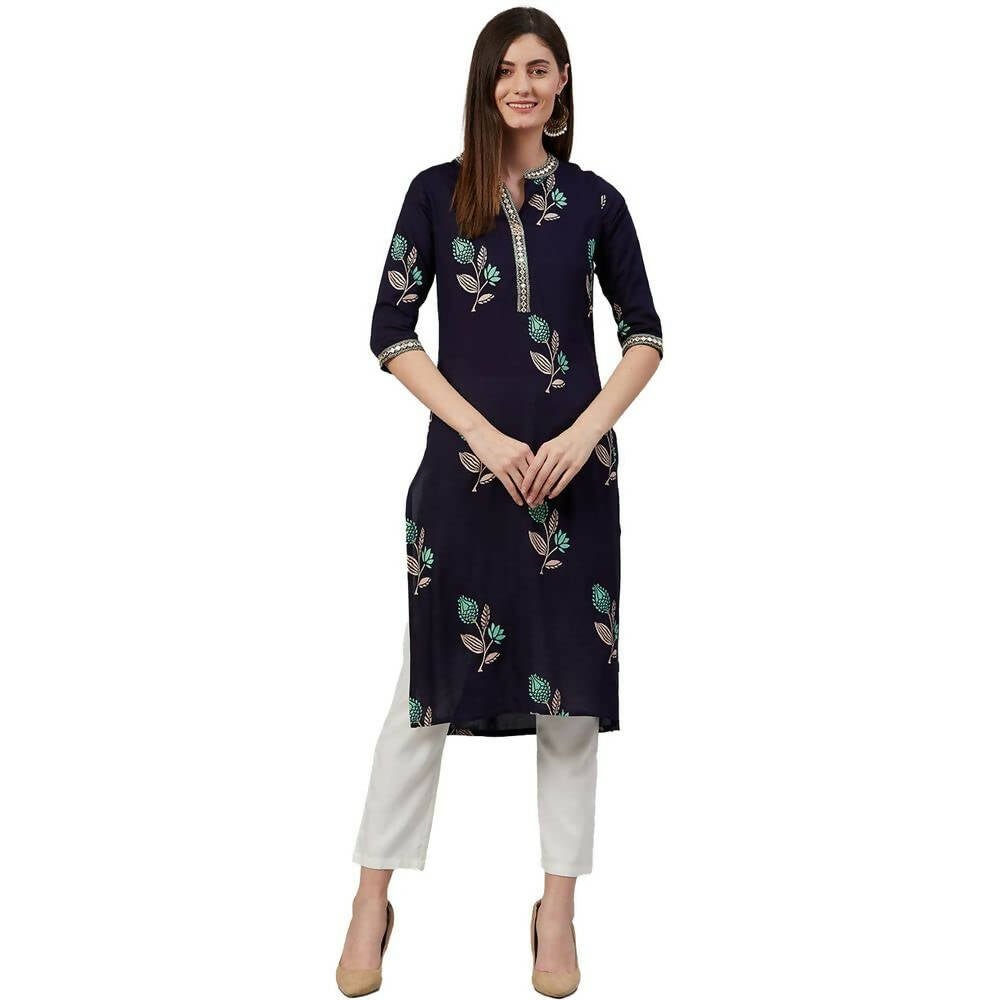 Anubhutee Women's Regular Printed Mirror Work Floral Navy Blue Kurta - Distacart