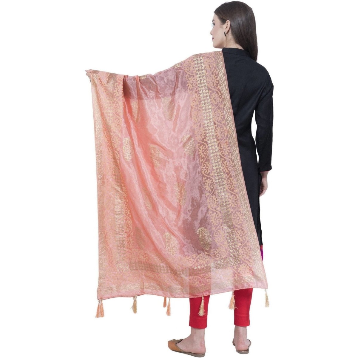 A R SILK Peach Color Silk Pahadi Print Dupattas and Chunnis