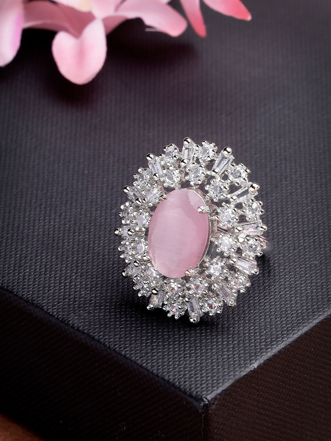 NVR Women's Pink & Silver CZ-Studded Handcrafted Adjustable Finger Ring - Distacart