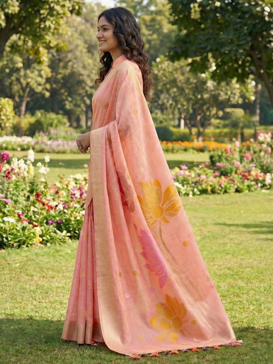Shree Shyam Fashion Peach Linen Cotton Saree - Distacart