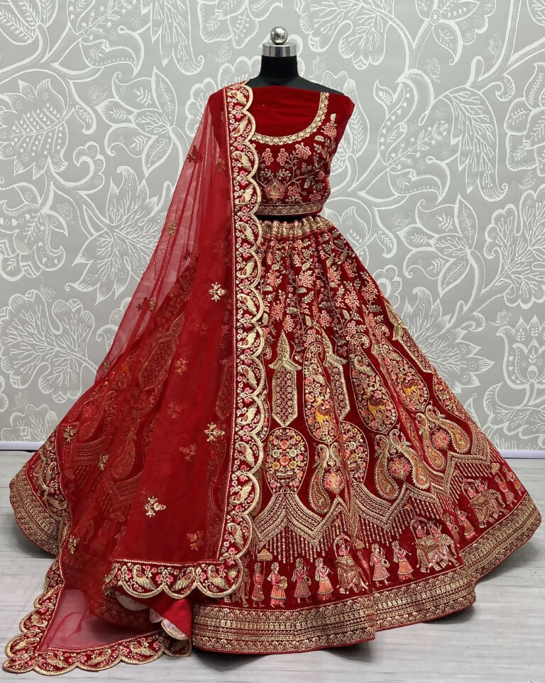 Jyoti Fashion Women's Red Velvet Multi Thread Embroidered with Zircon Diamond Work Wedding Lehenga Choli - Distacart