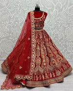 Thumbnail for Jyoti Fashion Women's Red Velvet Multi Thread Embroidered with Zircon Diamond Work Wedding Lehenga Choli - Distacart