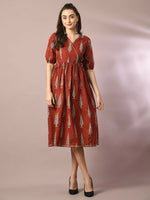 Thumbnail for Myshka Women's Rust Printed Cotton V-Neck Empire Party Dress - Distacart