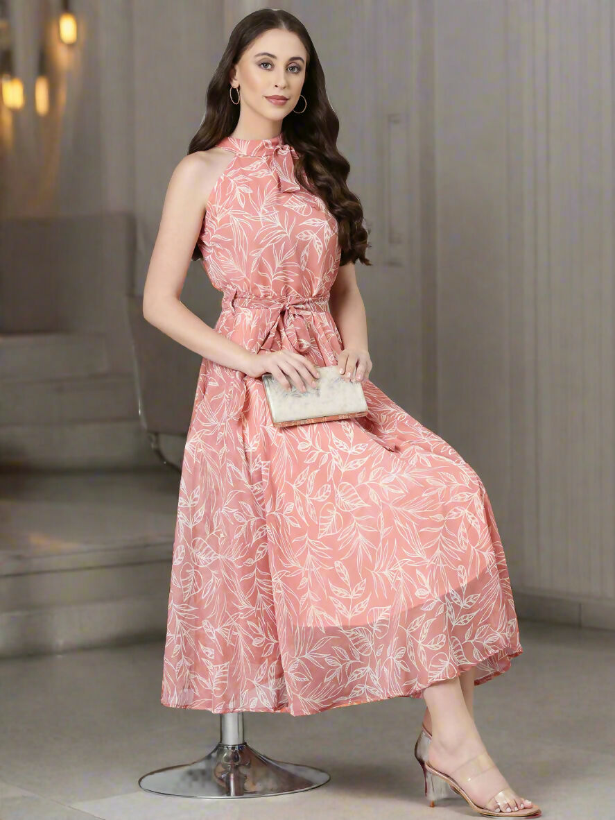 Souchii Peach Floral Chiffon Dress - Dista