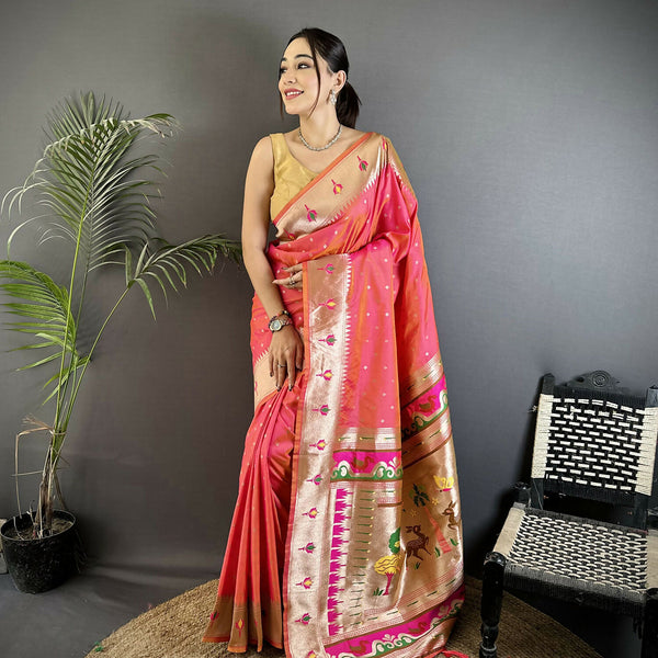 Joban Fashion Rose Pink Peacock & Floral Motifs Soft Lichi Silk Kanchipuram Saree - Distacart