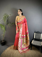 Thumbnail for Joban Fashion Rose Pink Peacock & Floral Motifs Soft Lichi Silk Kanchipuram Saree - Distacart