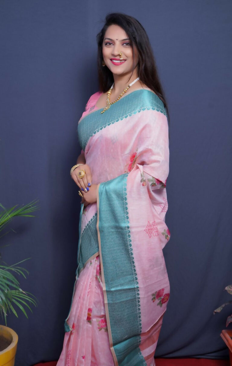 Jyoti Fashion Women's Teal Linen Silk Digital Print with Jacquard Woven Border Saree with Blouse - Distacart