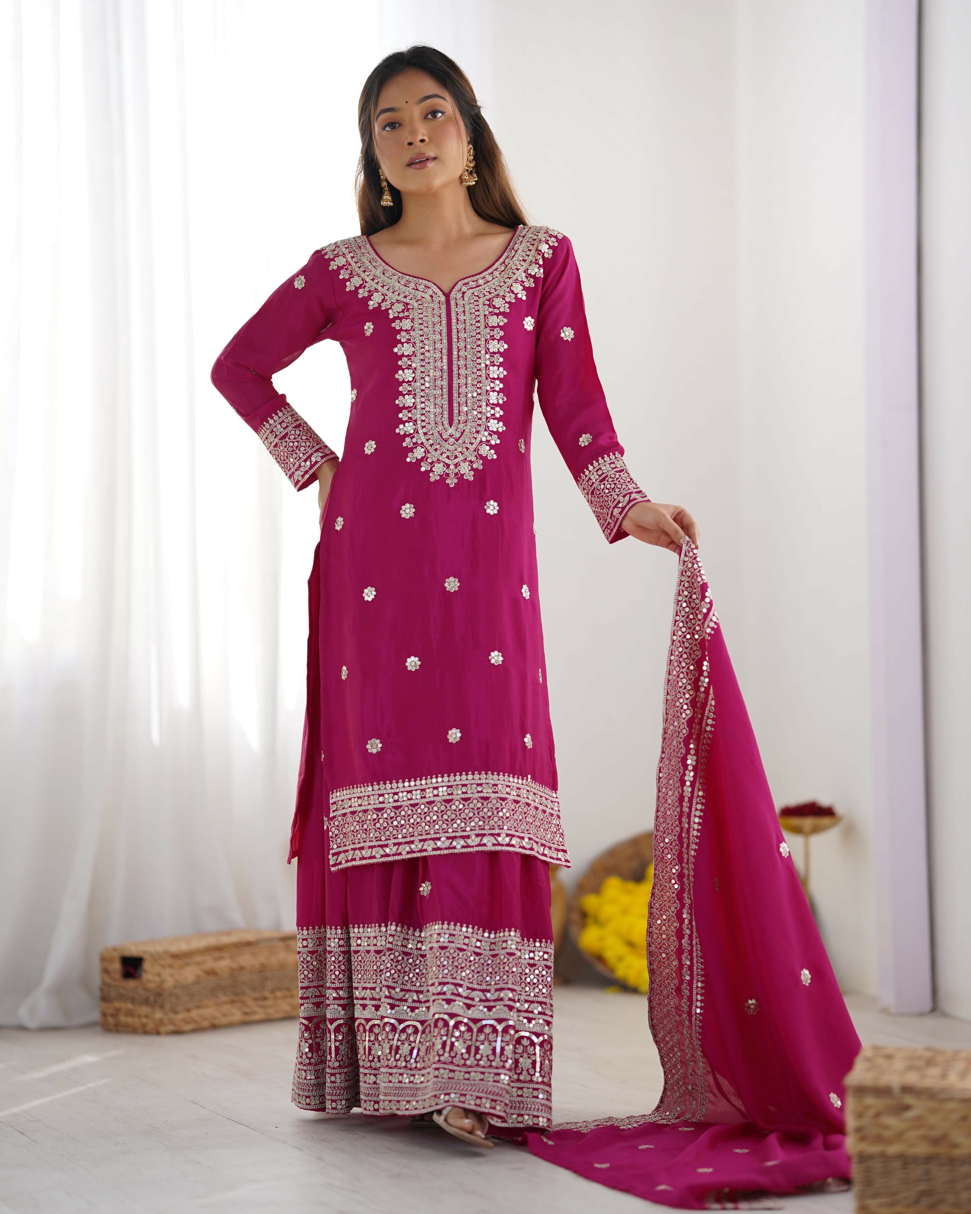 Joban Fashion Pink Kurta Set Silk Sequins , Zari, Coding & Thread Embroidered work - Distacart