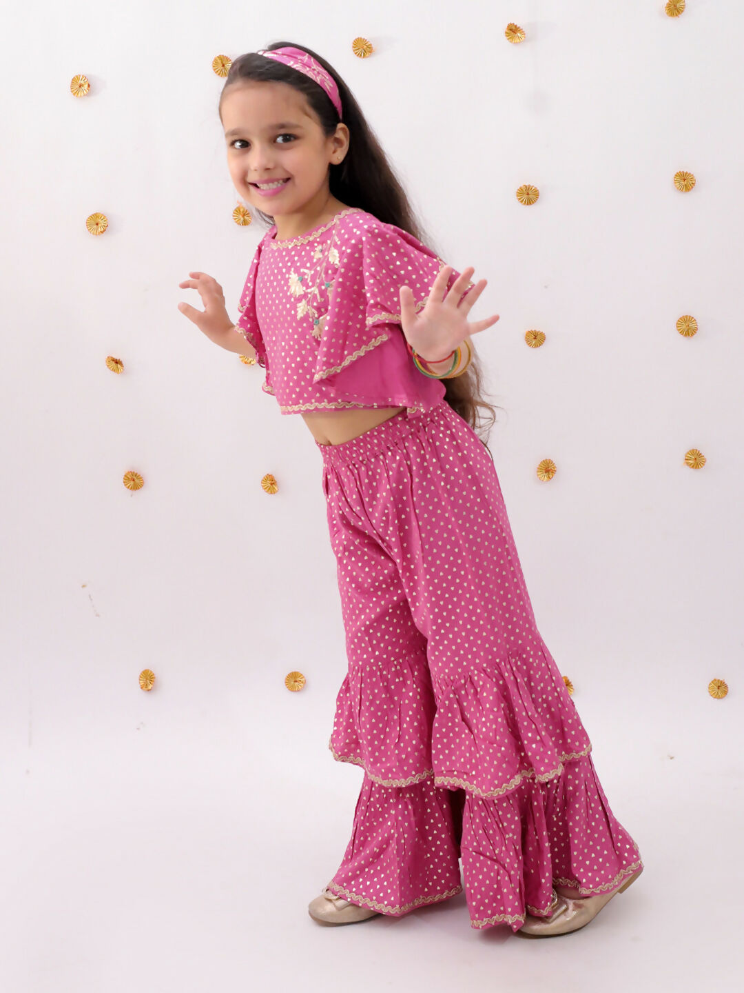 Lil Drama Khilkhilahat Pink Crop Top and Flare Pant Set For Girls