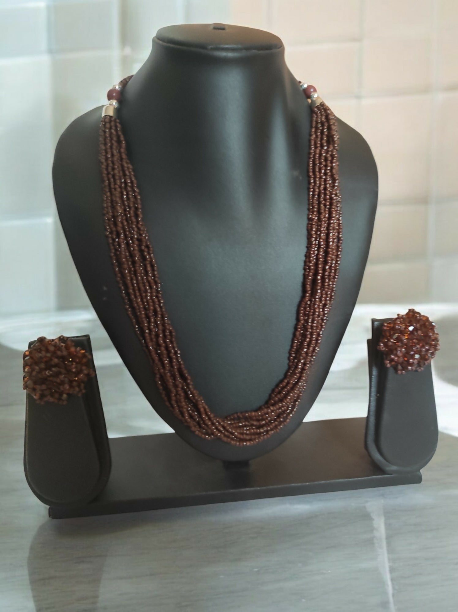 Inhanns Bloom Handmade Beaded Necklace With Earrings - 12 Layers - Coffee Necklace Set - Distacart
