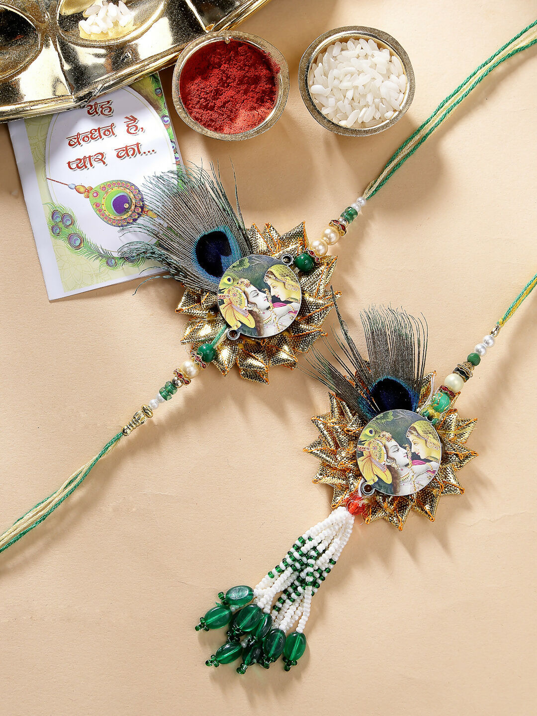 NVR Women & Men Set of 2 Green Radha Krishna Beaded Bhaiya Bhabhi Rakhi With Roli Chawal - Distacart