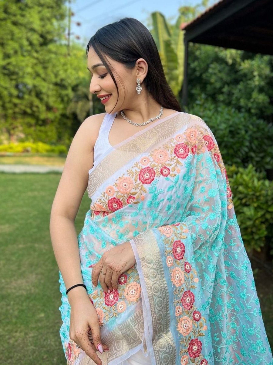 Anouk Floral Embroidered Zari Organza Saree - Distacart