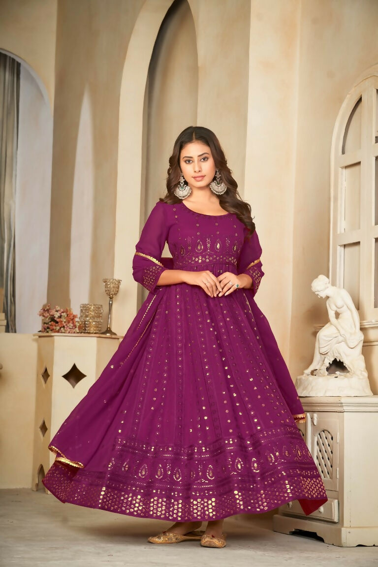 Jyoti Fashion Women's Wine Georgette Embroidered Anarkali Kurta Pant Set With Dupatta - Distacart
