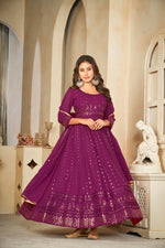 Thumbnail for Jyoti Fashion Women's Wine Georgette Embroidered Anarkali Kurta Pant Set With Dupatta - Distacart