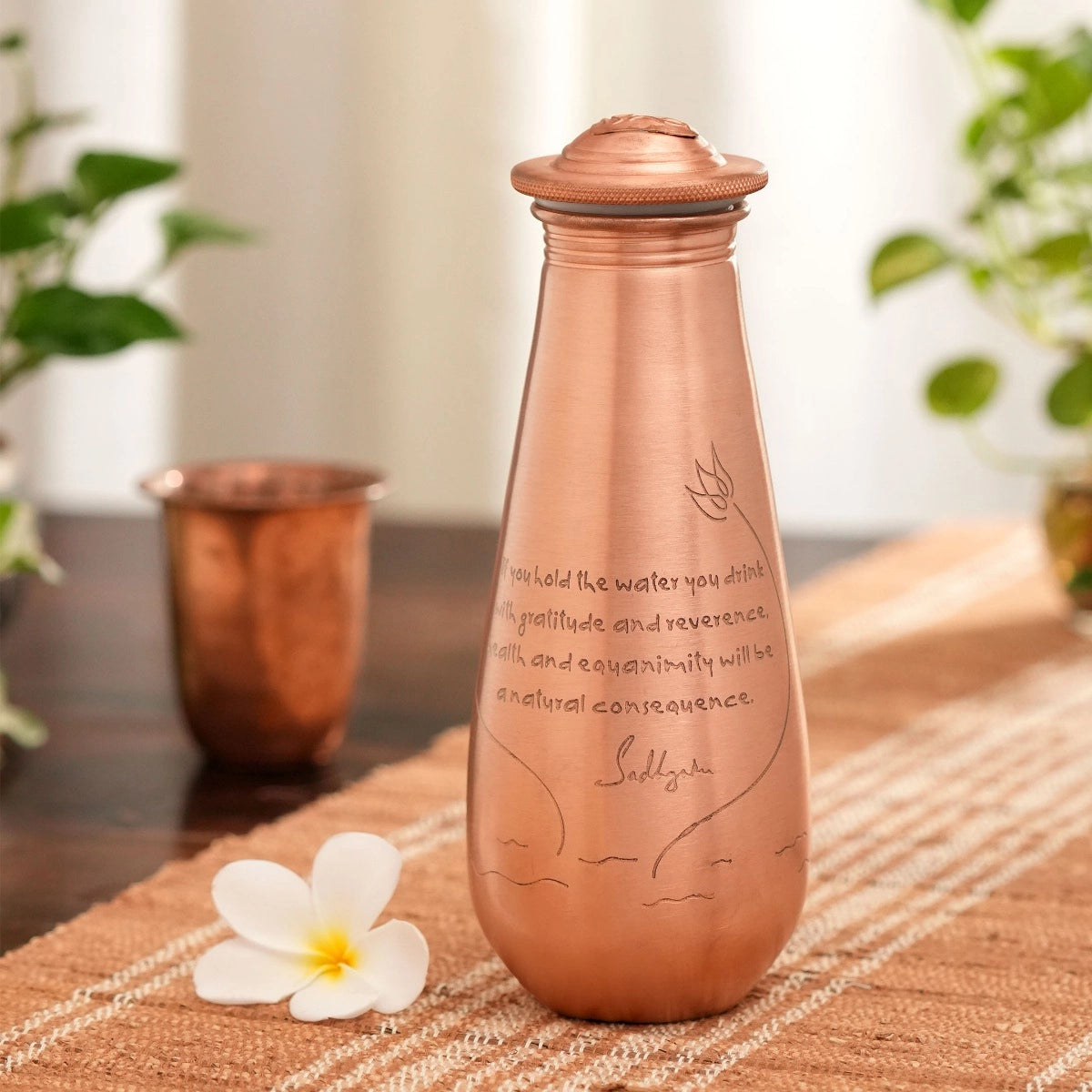 Isha Life Copper Water Bottle Engraved with Sadhguru Quote, 700 ml