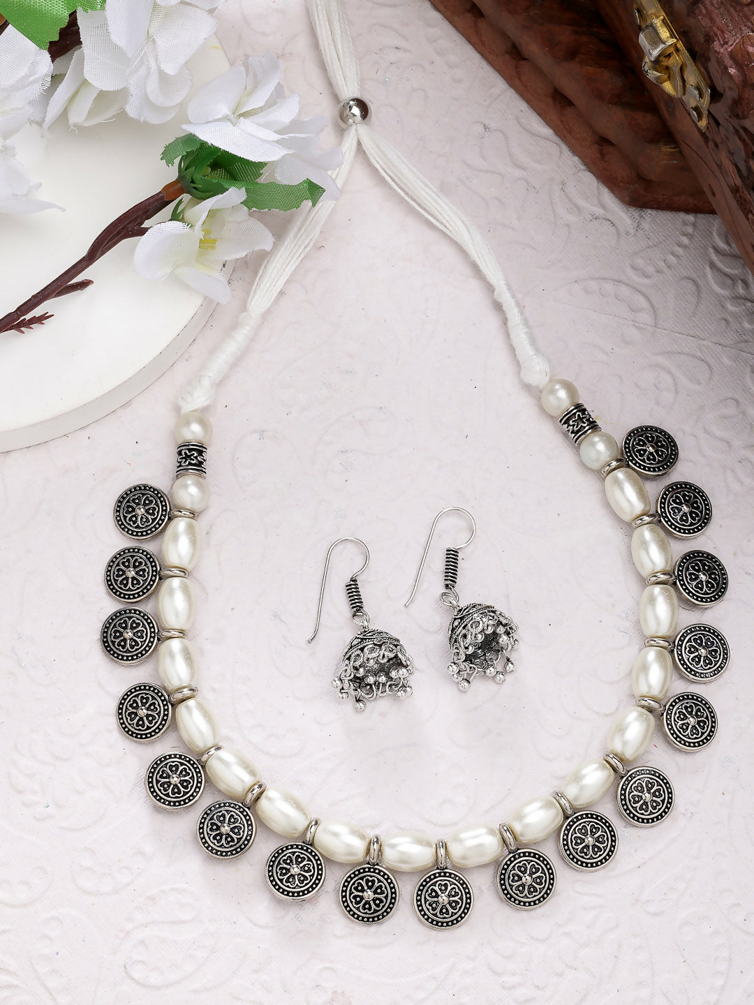 NVR Women's White Silver-Plated Choke Oxidized Necklace with Jhumka Earrings - Distacart