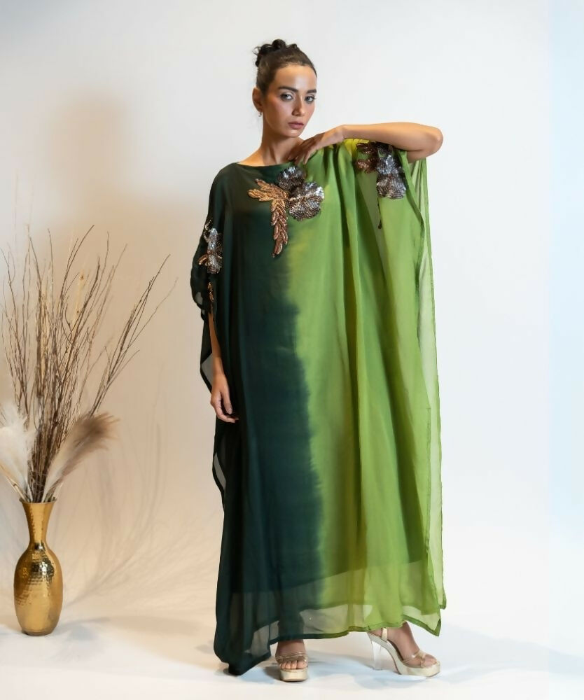 Timaraa Forest Green Ombre Embellished Georgette Kaftan Dress - Dista