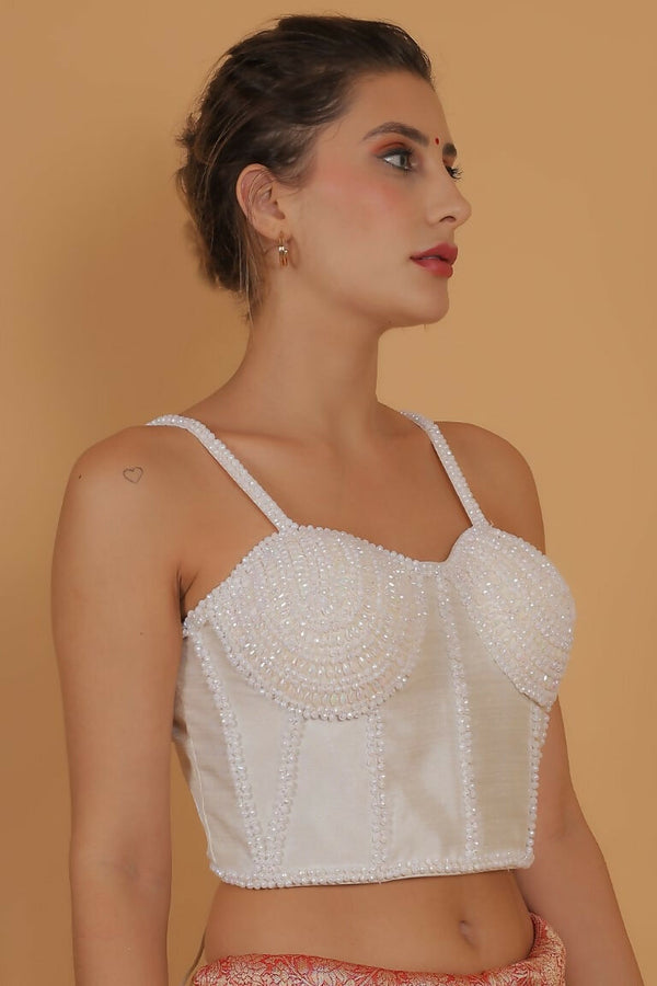 Joban Fashion Silk Pearl And Beads Hand Embroidery Padded Blouse - Pearl White