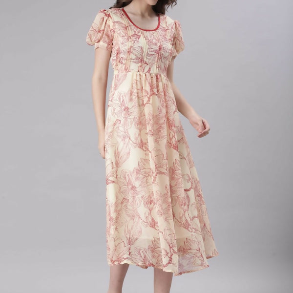 Souchii Cream & Red Floral Printed Fit & Flare Dress