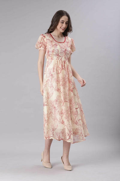 Souchii Cream & Red Floral Printed Fit & Flare Dress