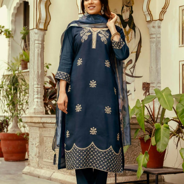 The52 Navy Blue Women's Beautiful Viscose Chanderi Fabric Thread Work Straight Kurta Pant and Dupatta Set - Distacart