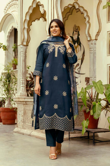The52 Navy Blue Women's Beautiful Viscose Chanderi Fabric Thread Work Straight Kurta Pant and Dupatta Set - Distacart