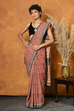 Thumbnail for Very Much Indian Handblock Printed Cotton Saree With Natural Dyes - Orange - Distacart