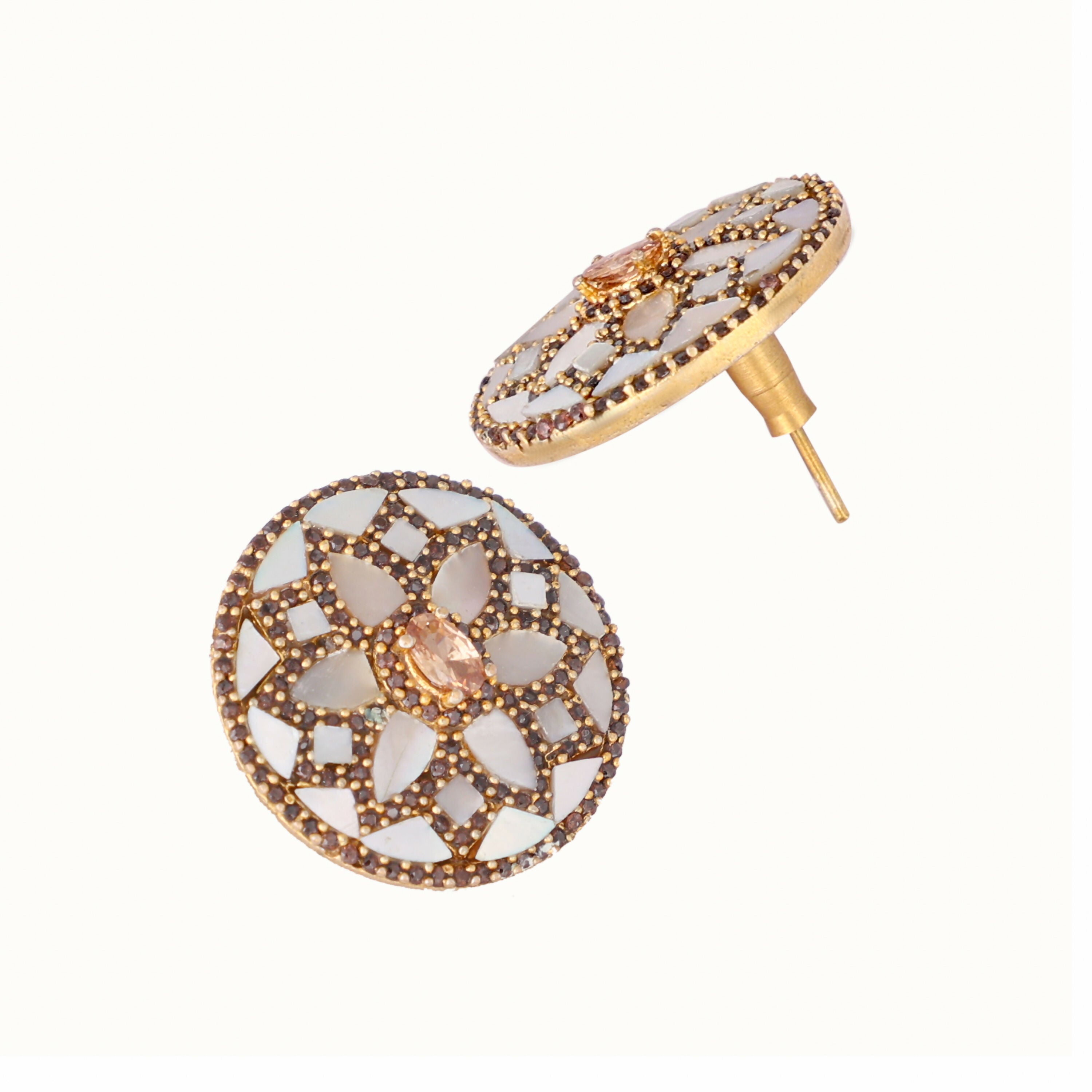 Nuyug 22K Gold Plated Mother of Pearls and Stone Studded Contemporary Floral Shaped Studs