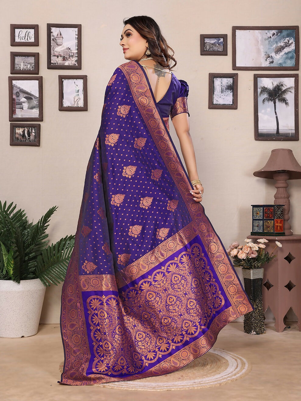 Joban Fashion Banarasi Navy Blue Woven Soft Silk Saree