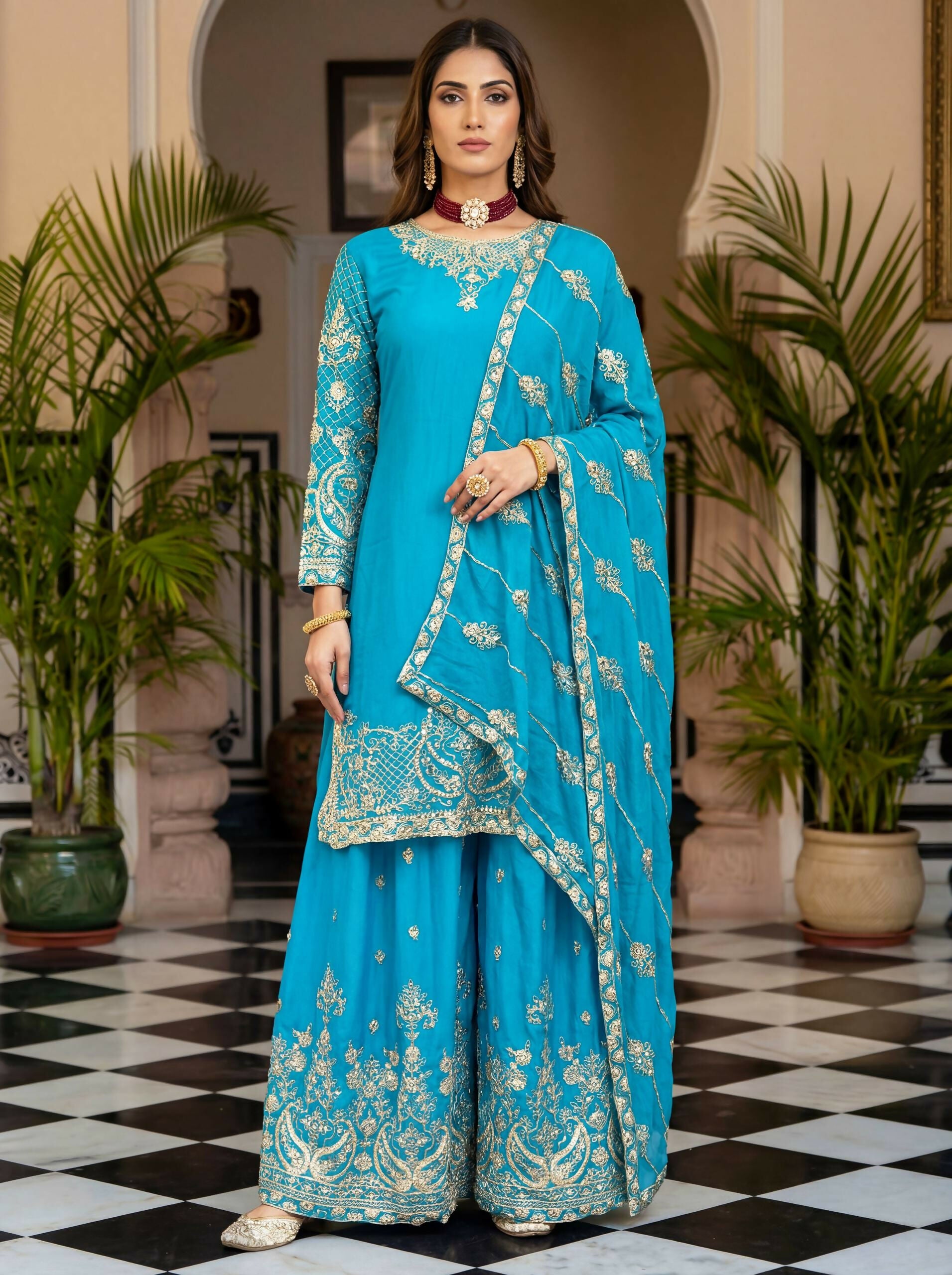 Teeya Creation New Trendy Traditional Wear Sharara with Heavy Border Dupatta Set - Sky-Blue - Dista