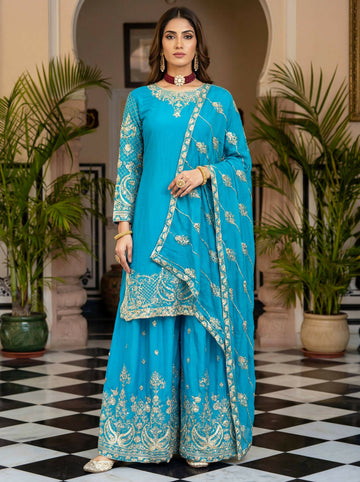 Teeya Creation New Trendy Traditional Wear Sharara with Heavy Border Dupatta Set - Sky-Blue - Dista