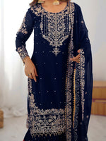 Thumbnail for Lehenga Mart Designer Sharara Suit With Kurta, Sharara, Dupatta For Women-Teal - Distacart