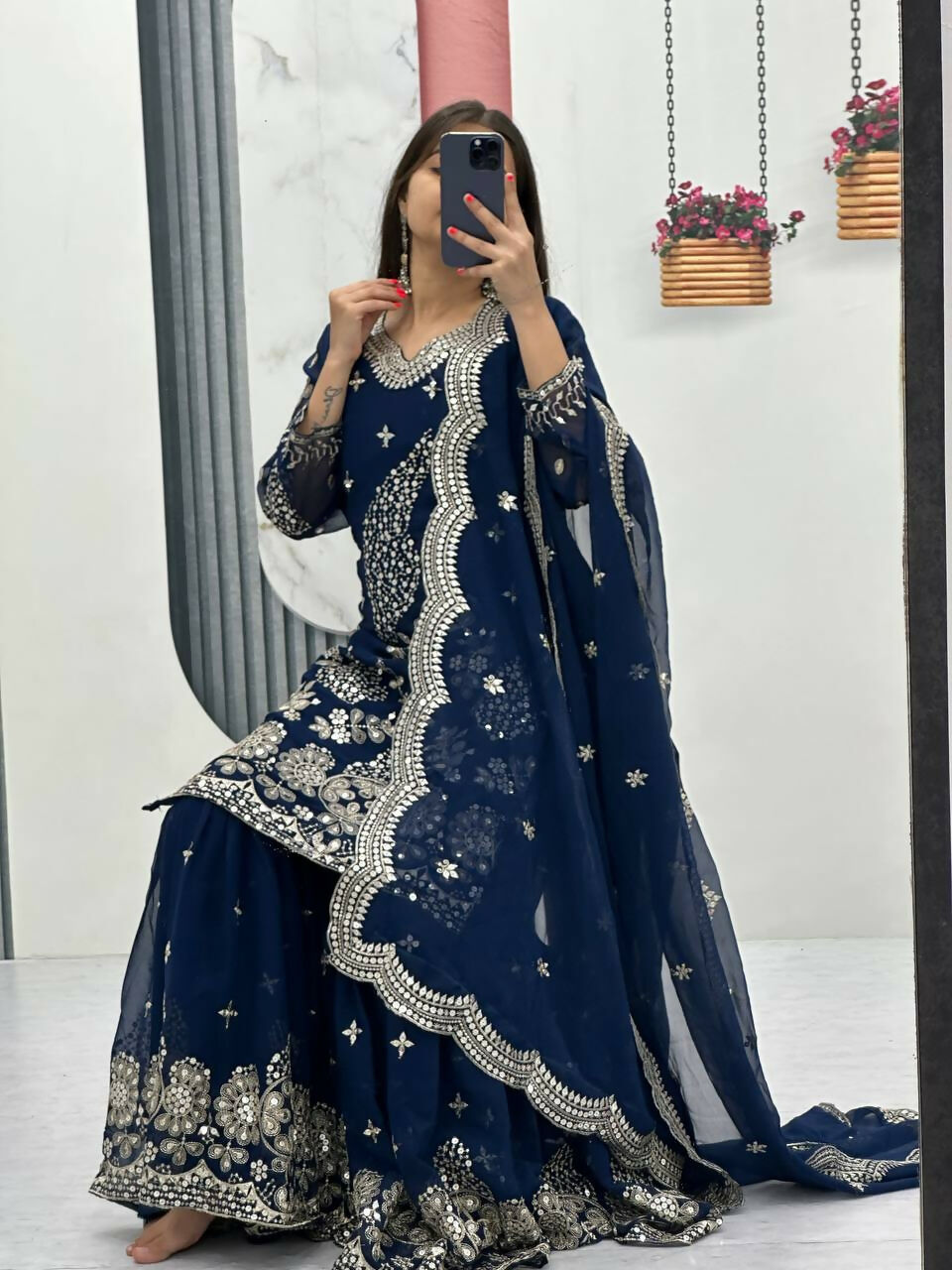 Teeya Creation Womens New Heavy Fox Georgette Fabric With Heavy Embroidery Work Dark-Navy-Blue Kurta Set - Dista