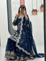 Thumbnail for Teeya Creation Womens New Heavy Fox Georgette Fabric With Heavy Embroidery Work Dark-Navy-Blue Kurta Set - Dista