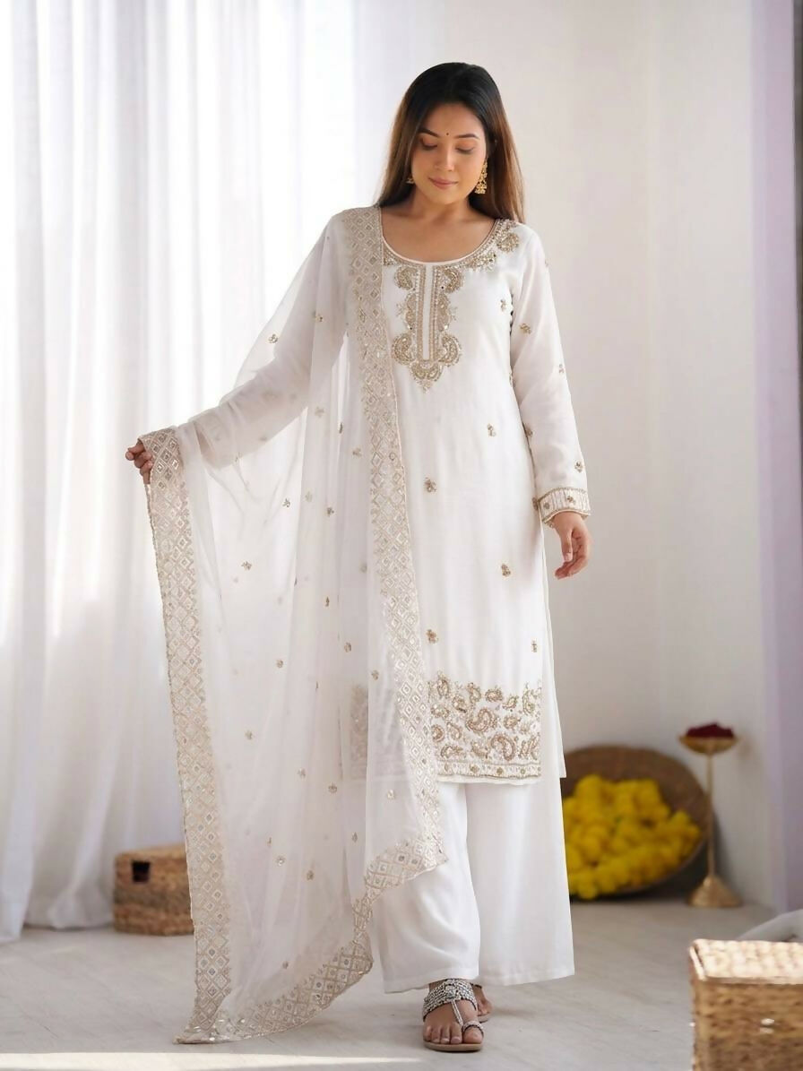 Teeya Creation Womens New Trendy Stylish Embroidery Beads Work Palazzo Kurta Set -White - Dista